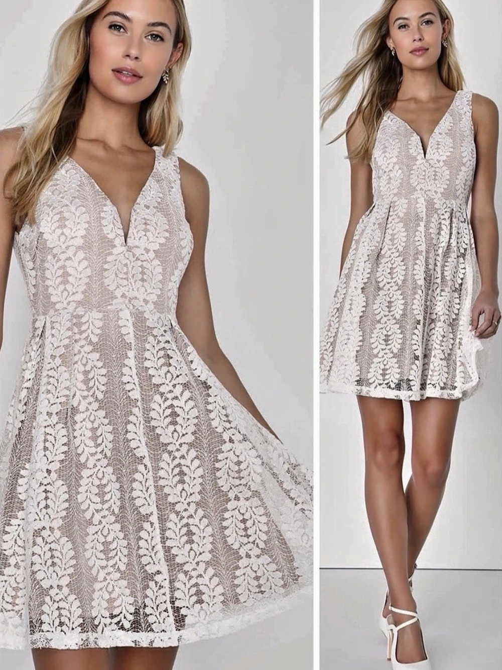 Lulus Floral Lace Mini Dress in White & Beige Small
